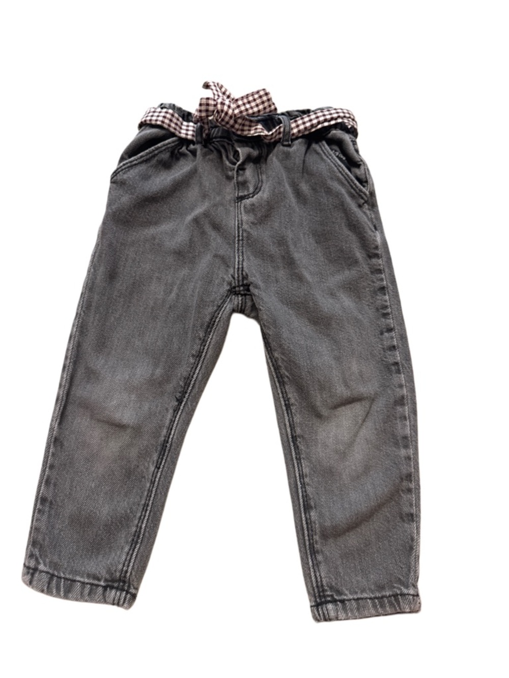Zara Gray Denim Jogger Pants with Gingham Waist Tie